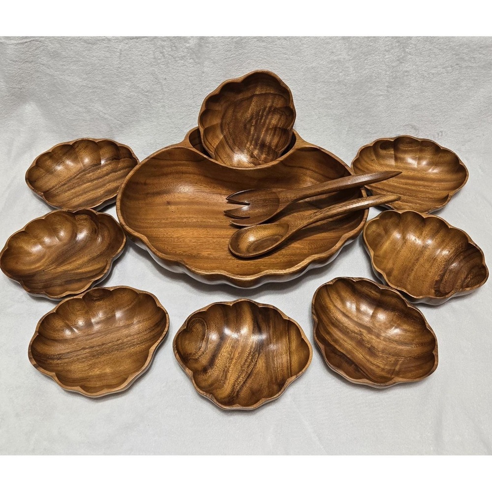Vintage MCM Tiki Hawaiian Serving Bowl Set Teak Wood Shell Shape Utensils 11 Pc